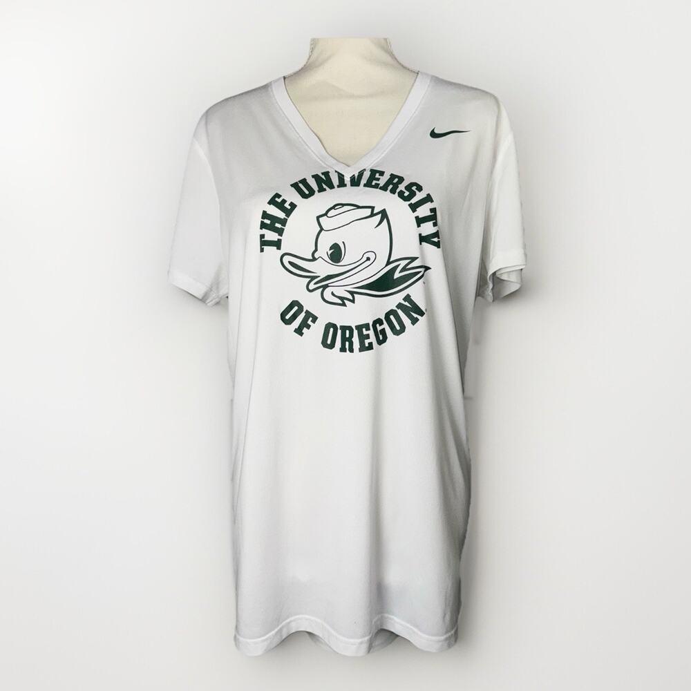 Nike Dri Fit UofO Oregon Ducks Women Large White V-Neck T-Shirt Puddles Tee NCAA